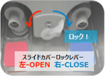 ロック！　スライドカバーロックレバー　左-OPEN　右-CLOSE